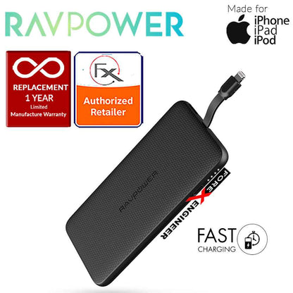 RavPower RP-PB099 Power Bank 10000mAh capacity with Built-In Lightning Cable - Black - Forexengineer-malaysia