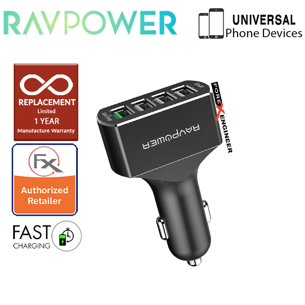 RavPower USB Car Charger 4 Port 54W (3 iSmart 2.0 USB port + 1 QC3.0 port ) - Black