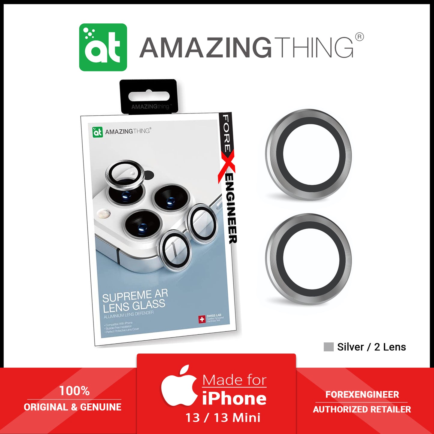 AMAZINGthing SUPREME AR 3D LensGlass Protector for iPhone 13 - 13 Mini 5G ( Two Lens ) - Silver (Barcode: 4892878069458 )