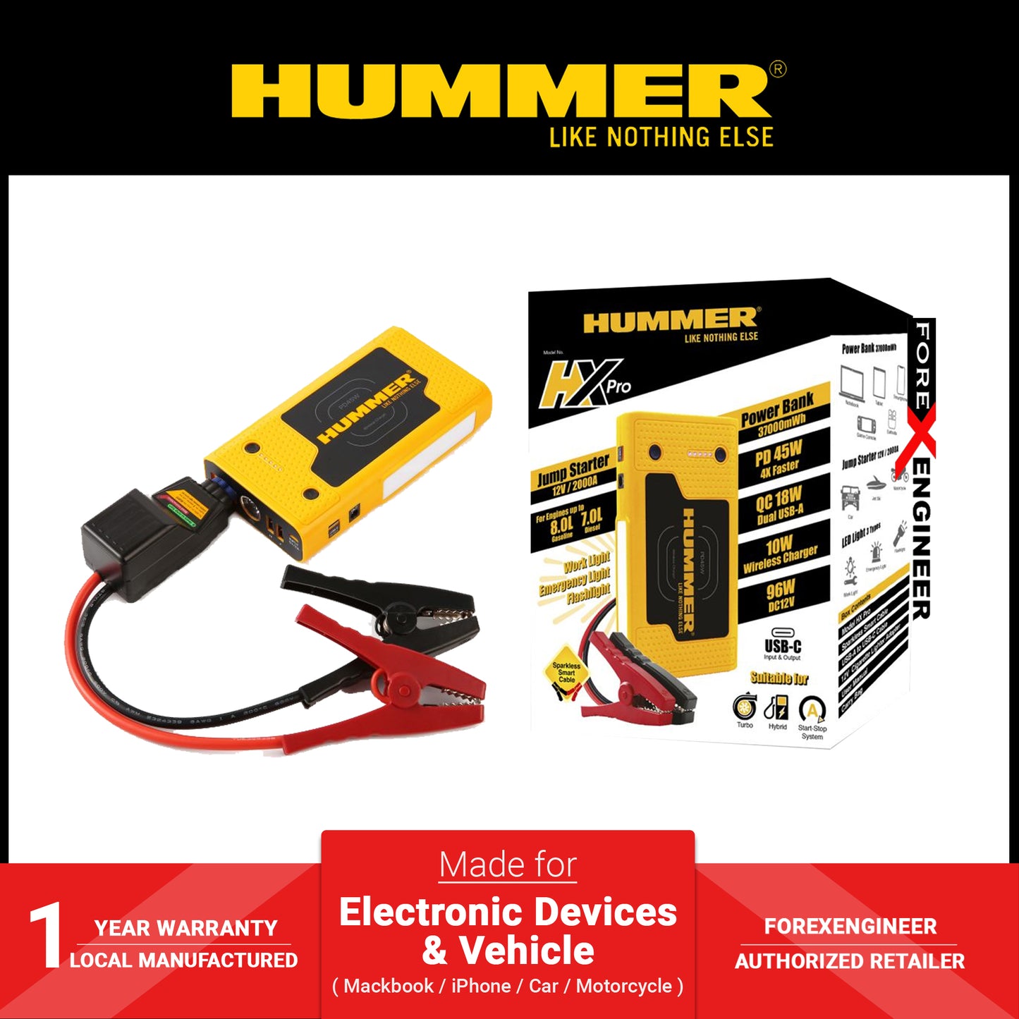 Hummer HX Pro 10000mAh Powerbank Jump Starter PD45W USB-C Wireless Charger & Work Light