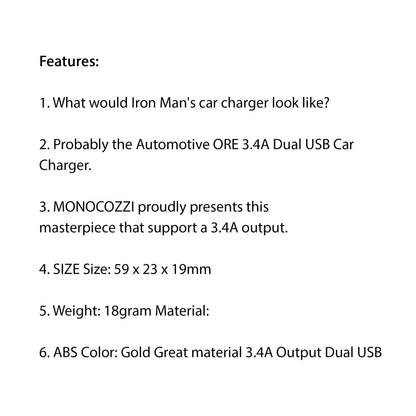 Monocozzi Automotive ORE 3.4A Dual USB Car Charger - Gold (Barcode: 4897021599974 ) - Forexengineer -Malaysia- 4897021599974
