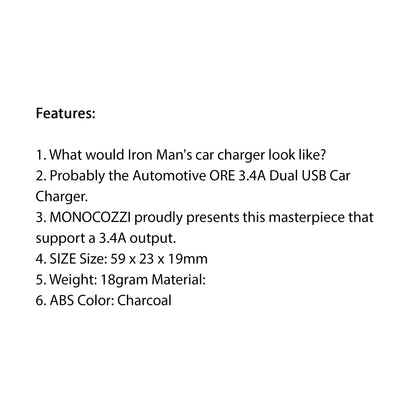 Monocozzi Automotive ORE 3.4A Dual USB Car Charger - Charcoal (Barcode: 4897021599950 ) - Forexengineer -Malaysia- 4897021599950
