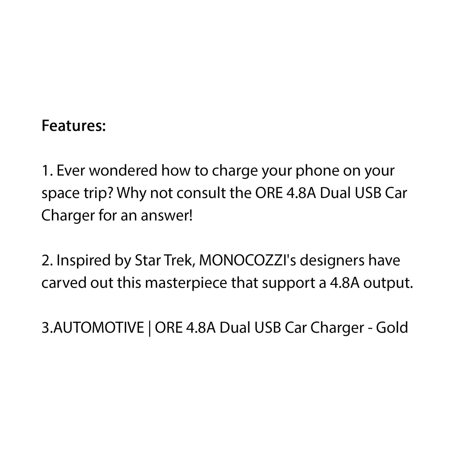 Monocozzi Automotive ORE 4.8A Dual USB Car Charger - Gold (Barcode: 4897021599981 )