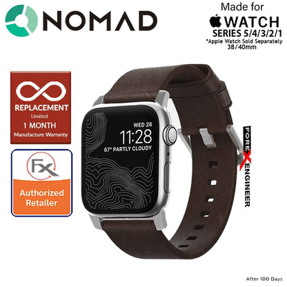 [ONLINE EXCLUSIVE] Nomad Modern Leather Strap Apple Watch Series 7 - SE - 6 - 5 - 4 - 3 - 2 - 1 ( 41mm - 40mm - 38mm ) - Rustic Brown Leather with Silver Hardware ( Barcode : 855848007489 )