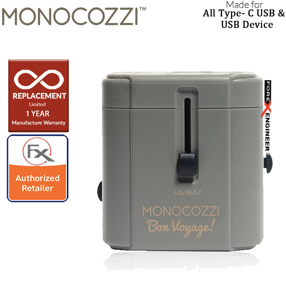[RACKV2_CLEARANCE] Monocozzi Bon Voyage Travel Adaptor with 4.5A Dual USB and USB-C Connector Charcoal color