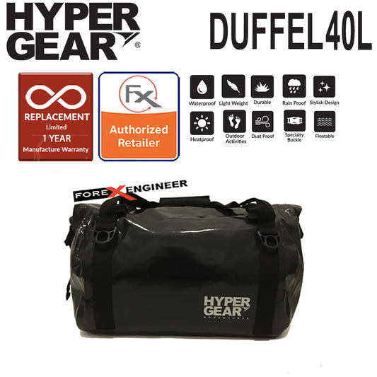 HyperGear Duffel Bag 40L  Travel Bag - 100% Waterproof, Lightweight and Heavy Duty - Black