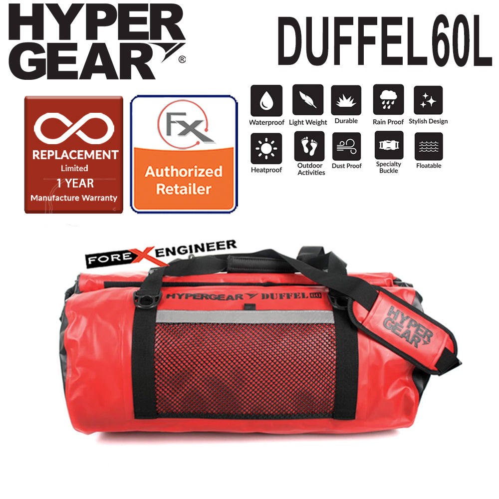HyperGear Duffel Bag 60L  Travel Bag - 100% Waterproof, Lightweight and Heavy Duty - Red