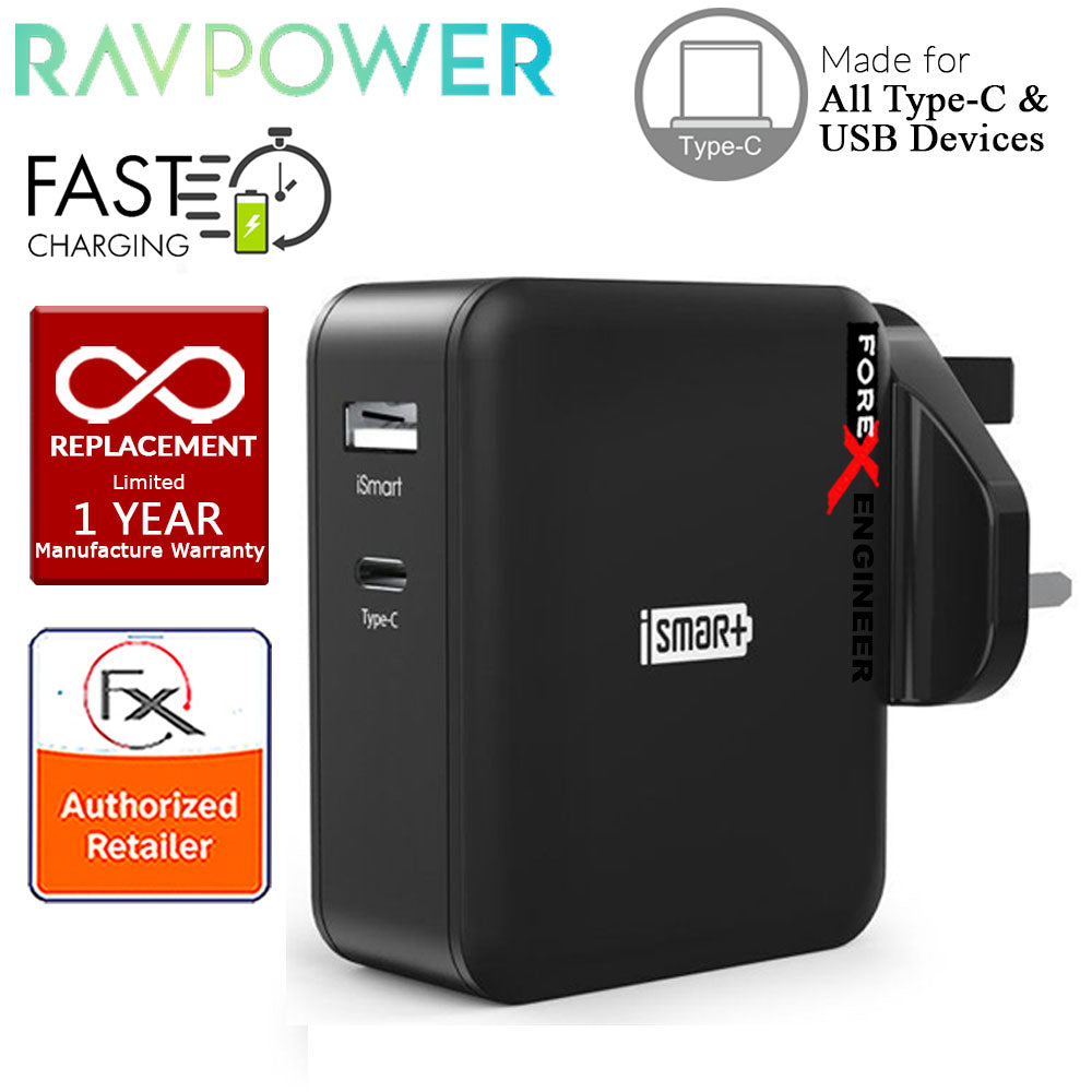 [RACKV2_CLEARANCE] RavPower Power Delivery Desktop Charger 2 Port PD36W ( 1 USB Port + 1 Type C) - Black
