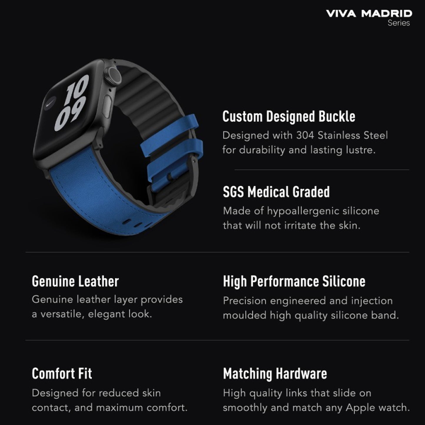VIVA MADRID Venturx Leather Strap for Apple Watch Series 7 - SE - 6 - 5 - 4 - 3 - 2 - 1 ( 45mm - 42mm - 44mm ) - Blue (Barcode: 8886461237535 )