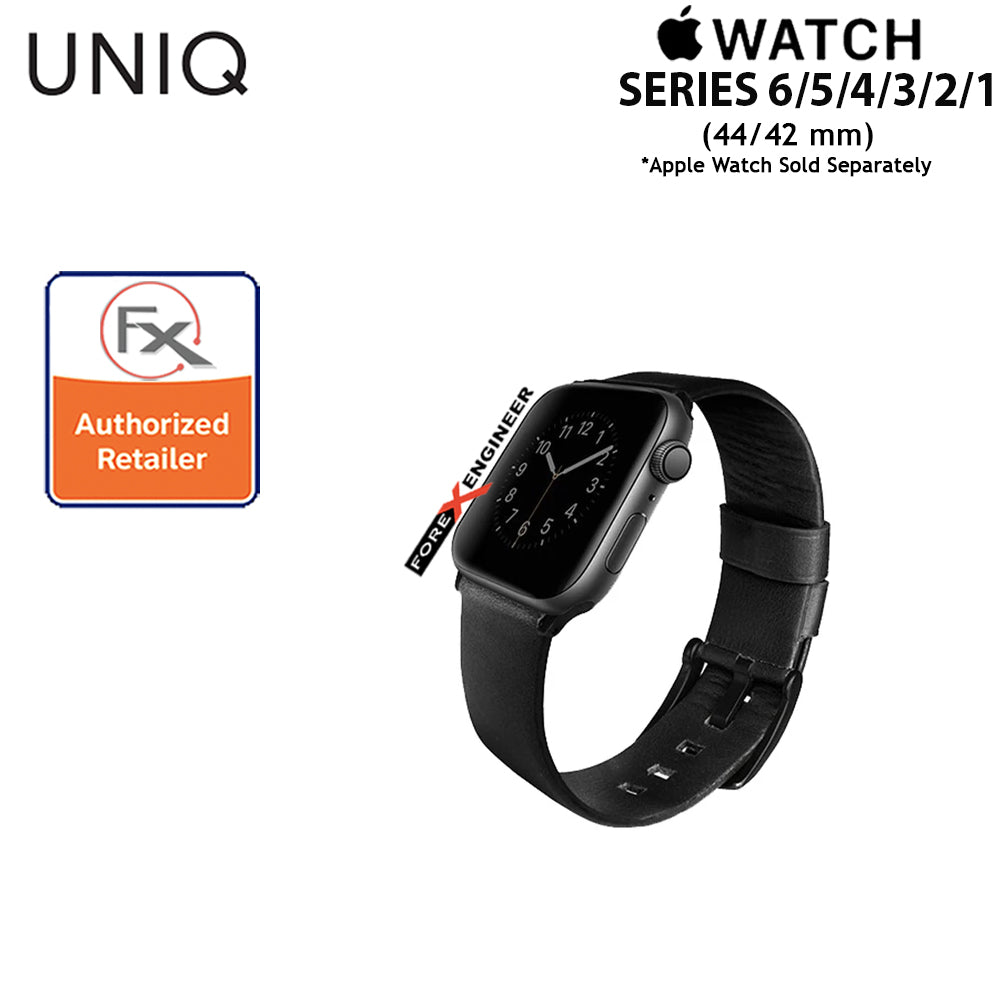 UNIQ Mondain Leather Strap for Apple Watch Series 7 - SE - 6 - 5 - 4 - 3 - 2 - 1 ( 45mm - 42mm - 44mm ) - Premium Stainless Steel Buckle Matches Leather - Black ( Barcode : 8886463667736 )