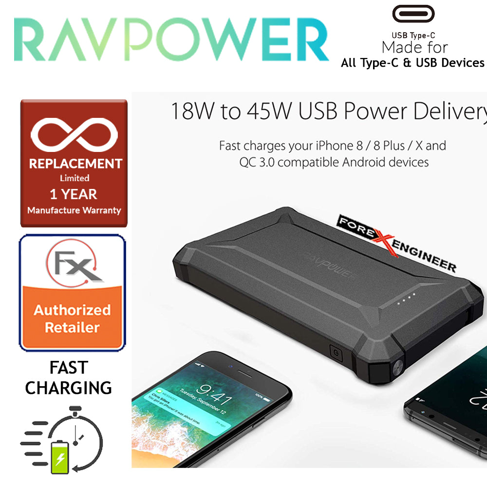 RAVPower RP-PB097 Waterproof Power Bank 20100mAh with 45WPD + QC3.0 and Built-in flashlight - Black