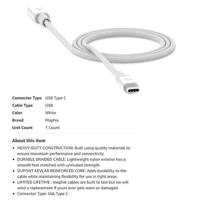 Mophie USB-C to USB-C ( 3.1 ) ( 1.5m ) - White (Barcode: 848467093605 )