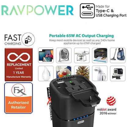 RavPower RP-PB054 AC Outlet 20100mAh Power Bank - compatible most mobile devices as well as any 240V home applaince up to 65W charged - Forexengineer-malaysia