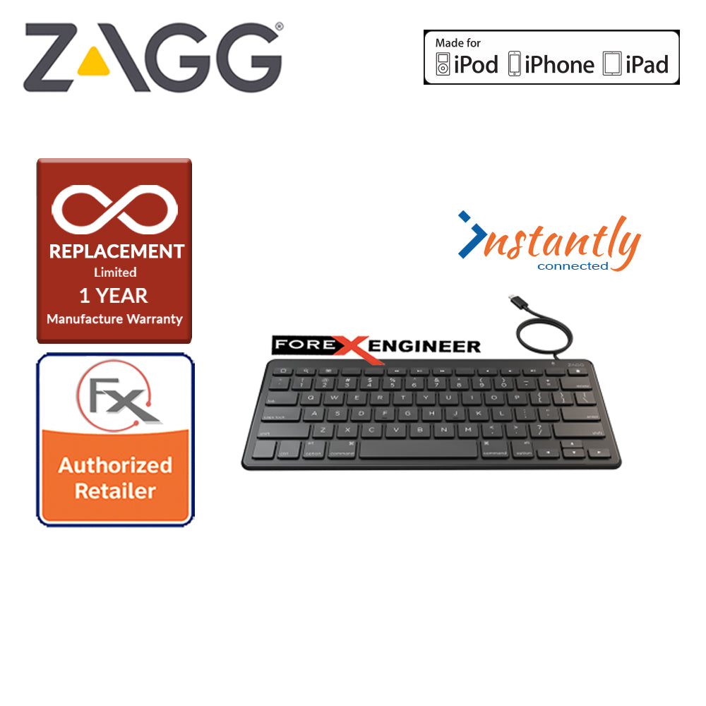 Zagg Lightning Wired Keyboard - 18 inch cable connects to any Apple device with Lightning port