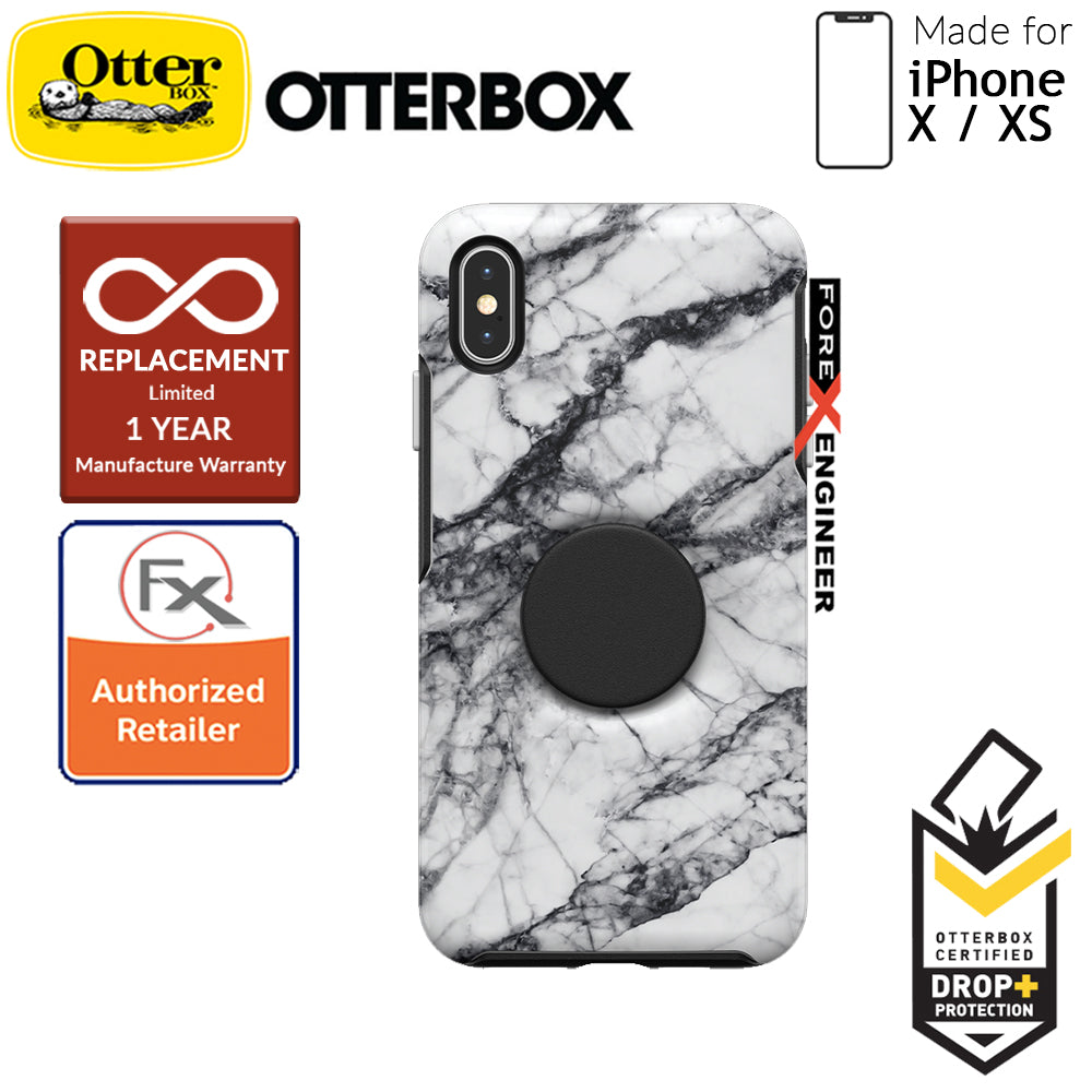 OTTER + POP Symmetry for iPhone X - Xs - Slim Protective Case with Pop Sockets - White Marble