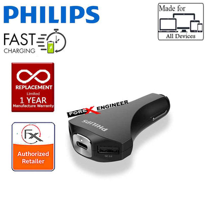 Philips Car Charger PHDLP2012 Quick Charge 3.0 Type C 33W Dual Port - Black - Forexengineer-malaysia