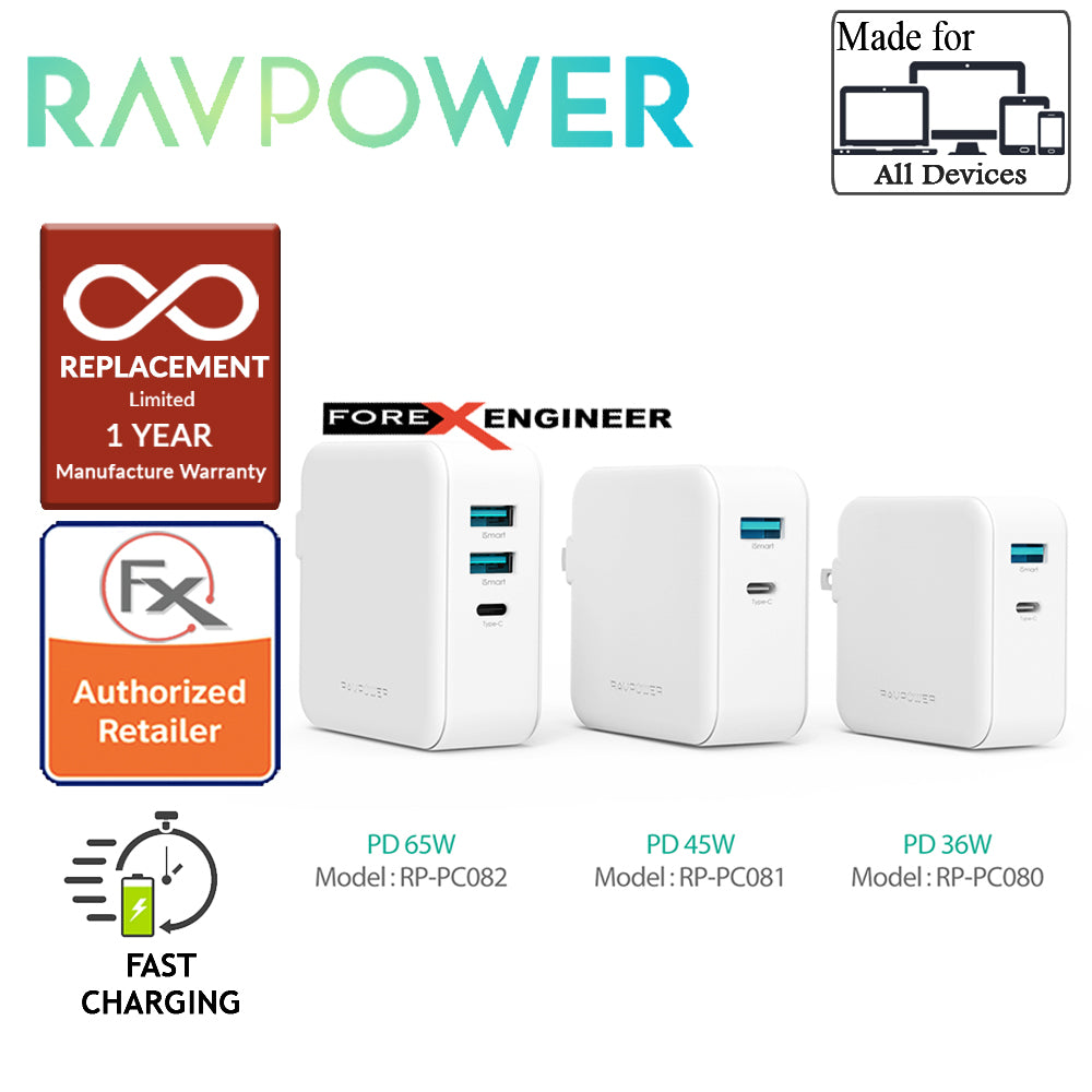 RavPower Power Delivery Desktop Charger 3 Port PD65W - 2 USB Port + 1 Type C - White