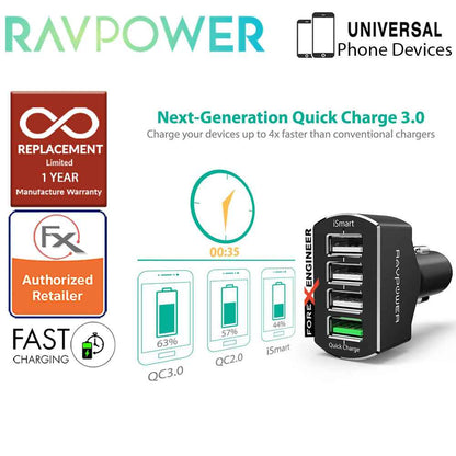 RavPower USB Car Charger 4 Port 54W (3 iSmart 2.0 USB port + 1 QC3.0 port ) - Black - Forexengineer-malaysia