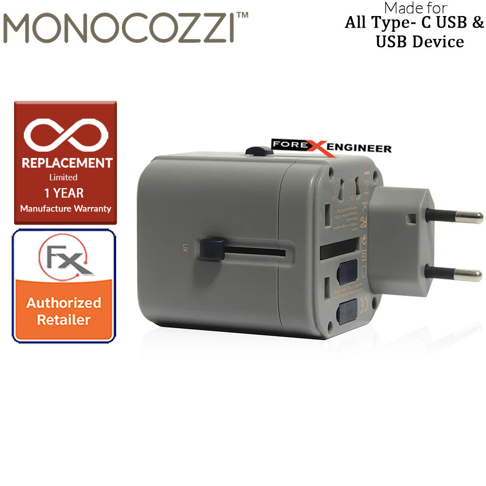 [RACKV2_CLEARANCE] Monocozzi Bon Voyage Travel Adaptor with 4.5A Dual USB and USB-C Connector Charcoal color