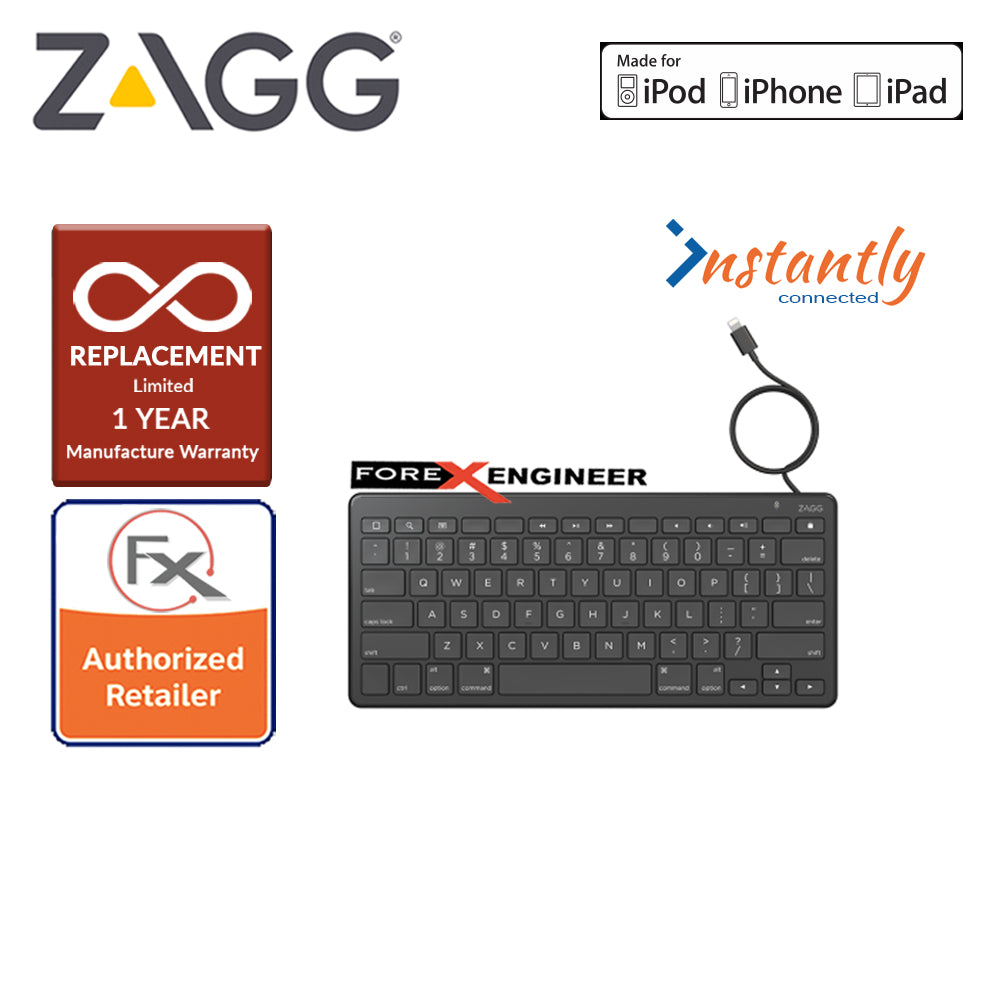 Zagg Lightning Wired Keyboard - 18 inch cable connects to any Apple device with Lightning port