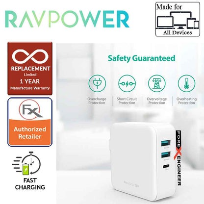 RavPower Power Delivery Desktop Charger 3 Port PD65W - 2 USB Port + 1 Type C - White - Forexengineer-malaysia