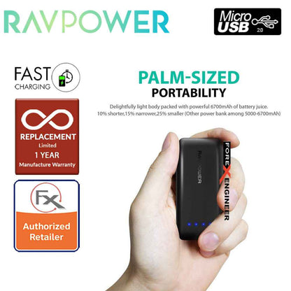 RavPower RP-PB060 Portable Charger 6700mAh - Candy bar Sized Pocket Power Bank - Black - Forexengineer-malaysia