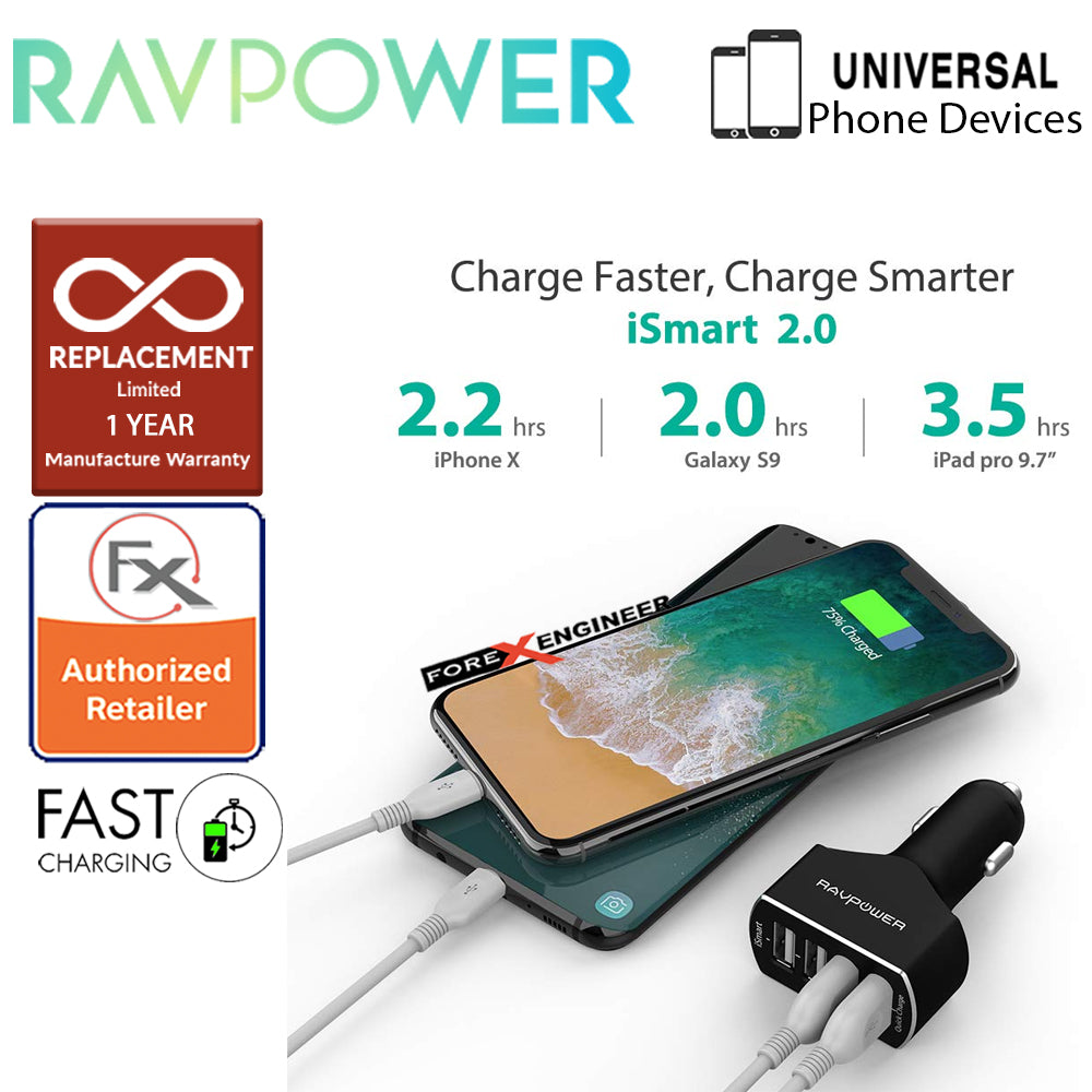 RavPower USB Car Charger 4 Port 54W (3 iSmart 2.0 USB port + 1 QC3.0 port ) - Black
