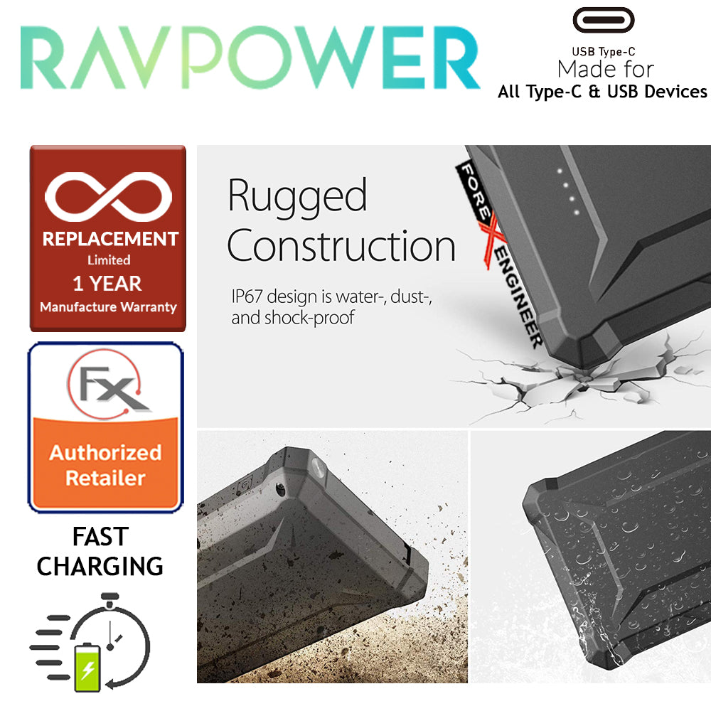 RAVPower RP-PB097 Waterproof Power Bank 20100mAh with 45WPD + QC3.0 and Built-in flashlight - Black