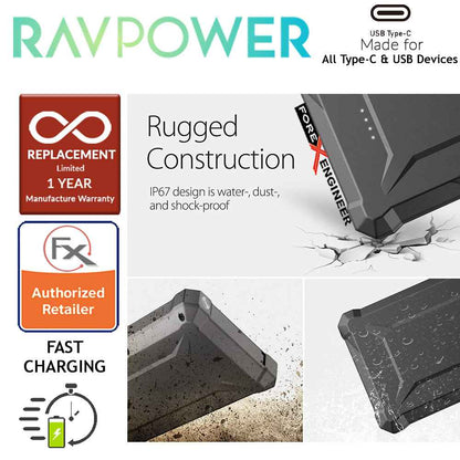 RAVPower RP-PB097 Waterproof Power Bank 20100mAh with 45WPD + QC3.0 and Built-in flashlight - Black - Forexengineer-malaysia