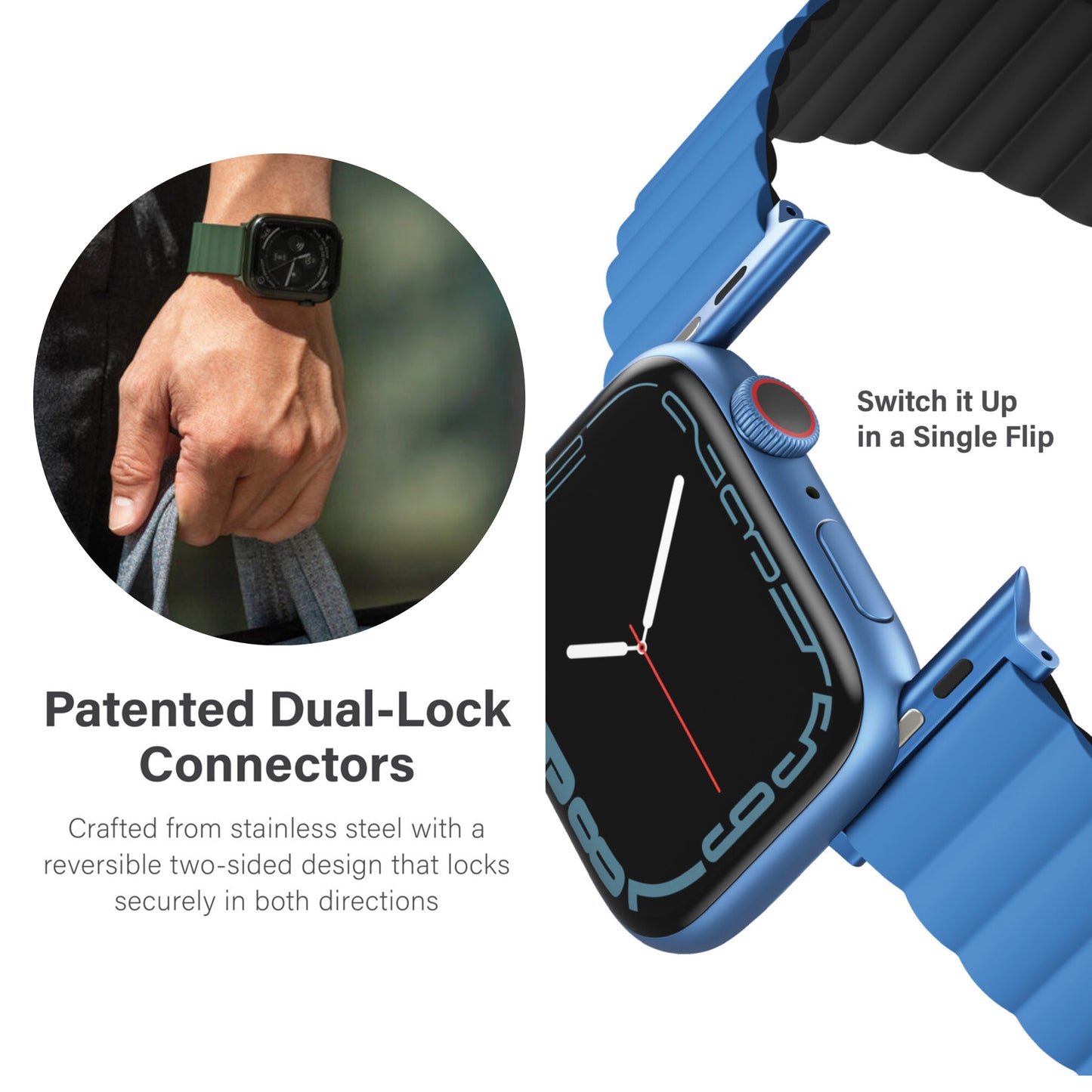 UNIQ Revix Magnetic Silicone Strap for Apple Watch Series 7 - SE - 6 - 5 - 4 - 3 - 2 - 1 ( 45mm - 44mm - 42mm ) - Caspian ( Blue - Black ) (Barcode: 8886463679142 )