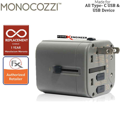[RACKV2_CLEARANCE] Monocozzi Bon Voyage Travel Adaptor with 4.5A Dual USB and USB-C Connector Charcoal color