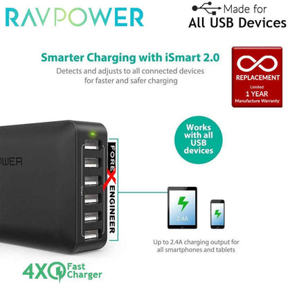 RavPower USB Quick Charge Wall Charger 6 Port 60W ( 5 USB Port + 1 QC3.0 ) - Black - Forexengineer-malaysia