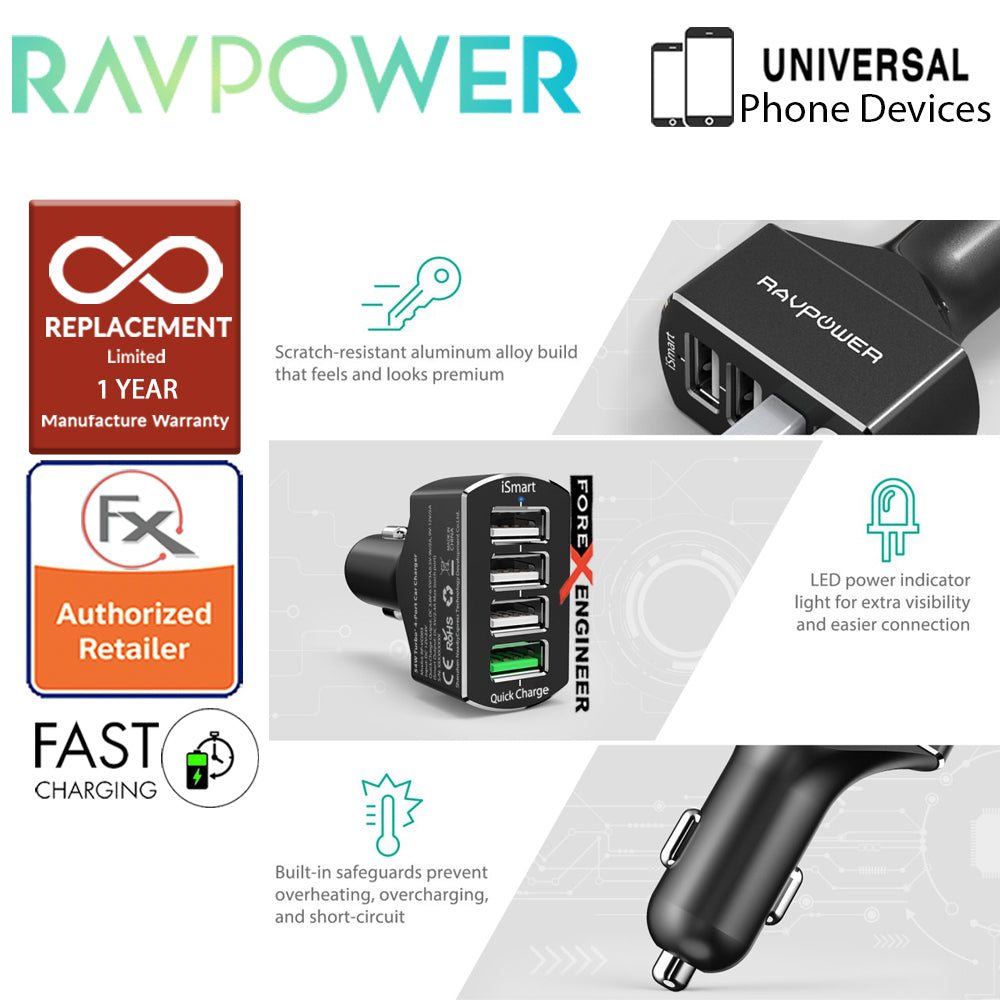 RavPower USB Car Charger 4 Port 54W (3 iSmart 2.0 USB port + 1 QC3.0 port ) - Black