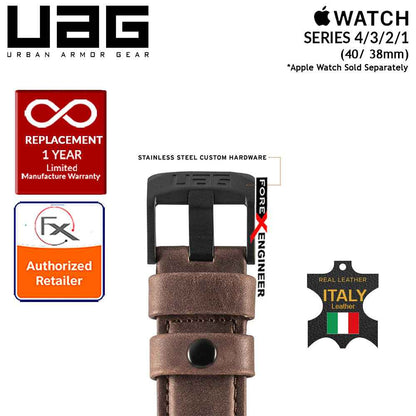 UAG Leather Strap for Apple Watch Series 7 - SE - 6 - 5 - 4 - 3 - 2 - 1 ( 41mm - 40mm - 38mm ) - Made with Italian Leather - Brown - Forexengineer-malaysia