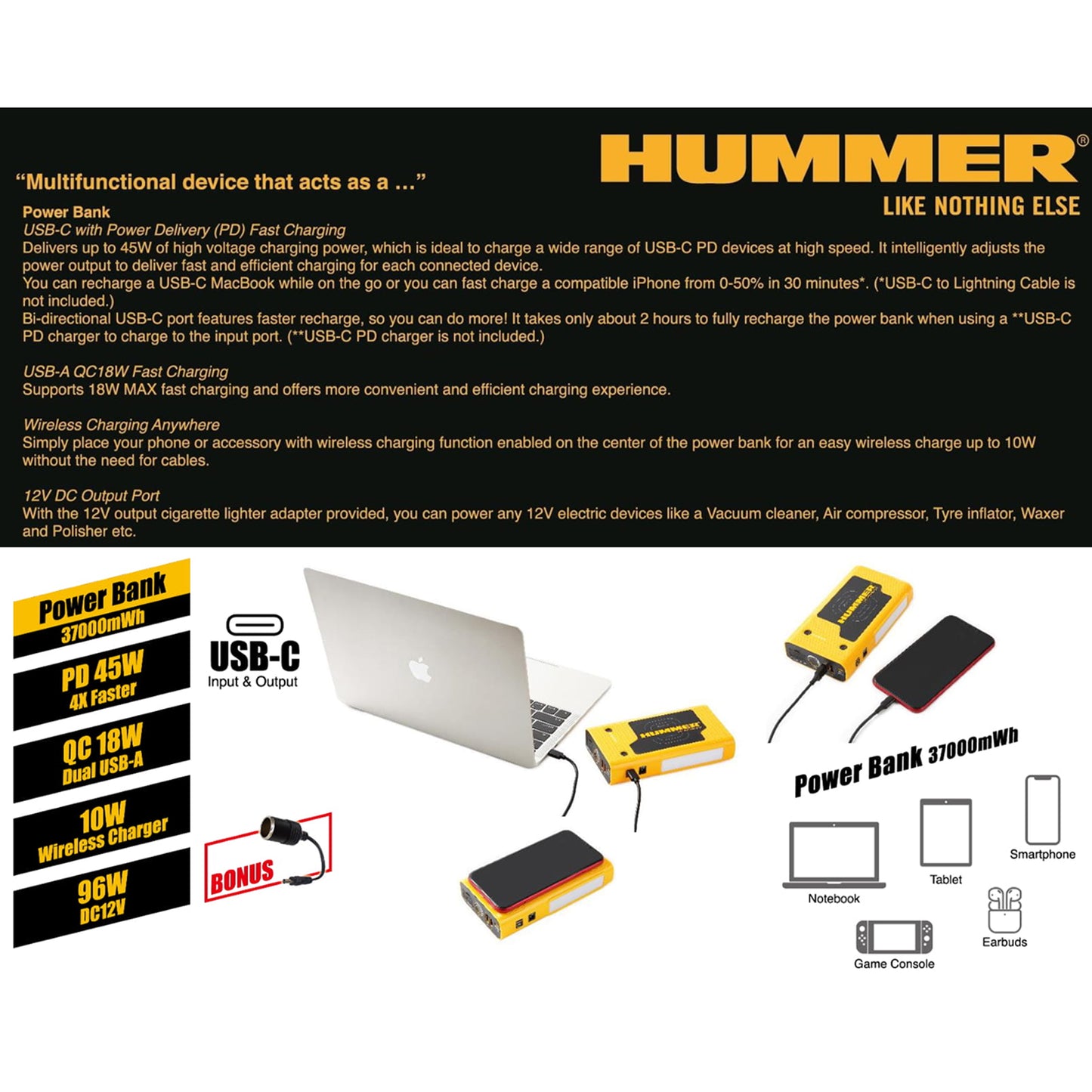 Hummer HX Pro 10000mAh Powerbank Jump Starter PD45W USB-C Wireless Charger & Work Light