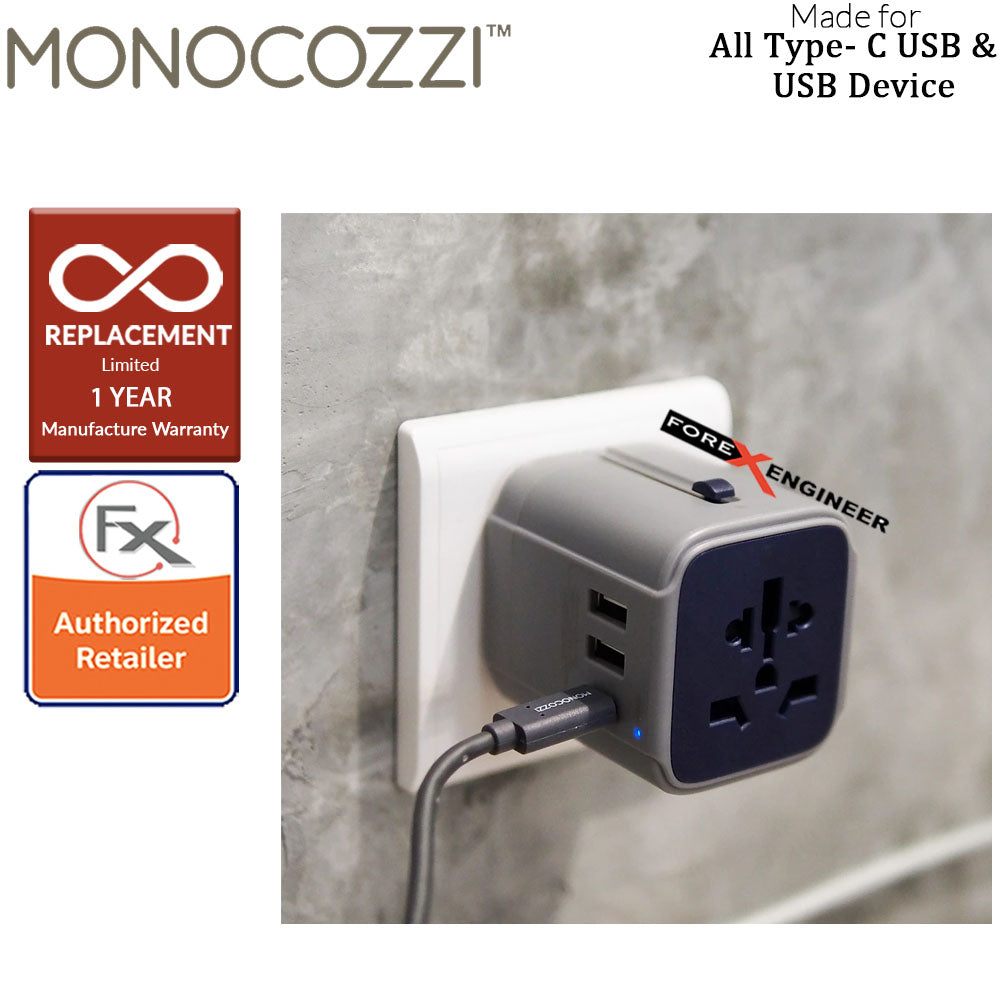 [RACKV2_CLEARANCE] Monocozzi Bon Voyage Travel Adaptor with 4.5A Dual USB and USB-C Connector Charcoal color
