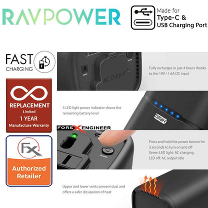 RavPower RP-PB054 AC Outlet 20100mAh Power Bank - compatible most mobile devices as well as any 240V home applaince up to 65W charged - Forexengineer-malaysia