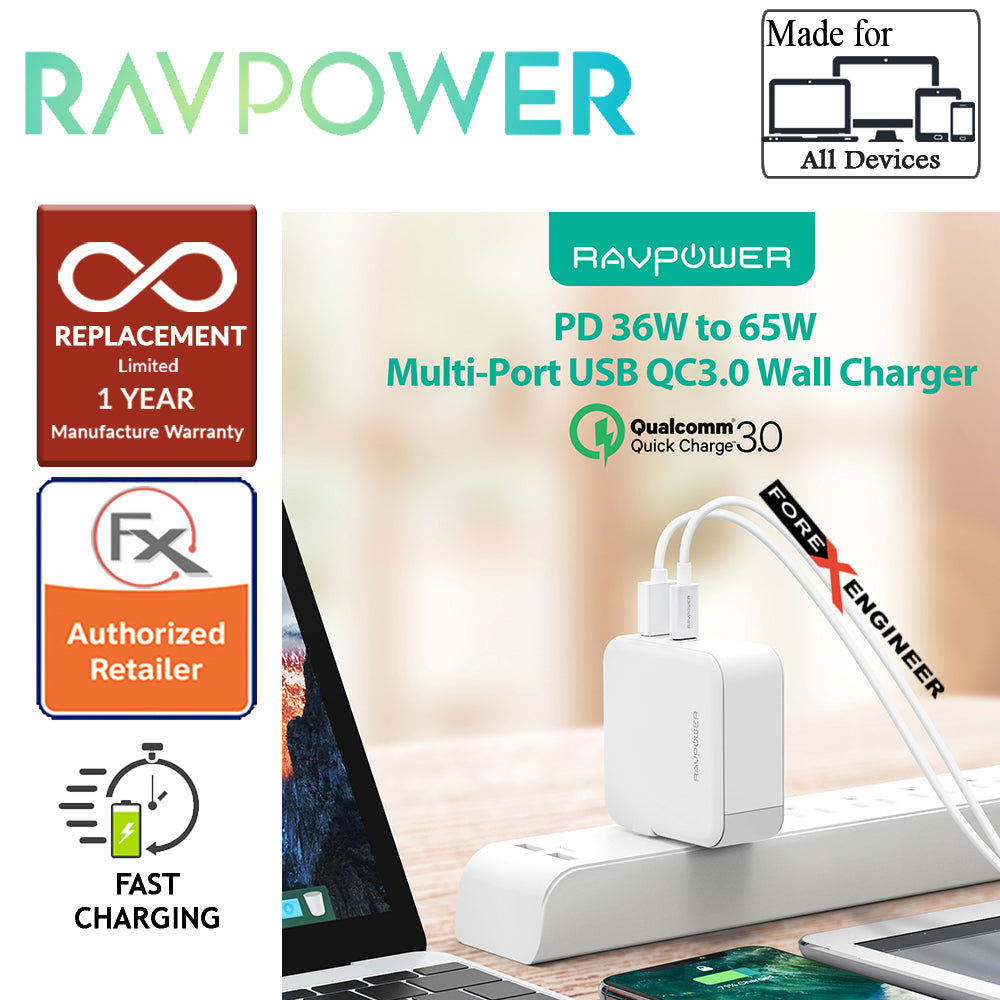 RavPower Power Delivery Desktop Charger 3 Port PD65W - 2 USB Port + 1 Type C - White