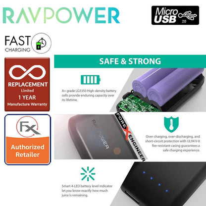 RavPower RP-PB060 Portable Charger 6700mAh - Candy bar Sized Pocket Power Bank - Black - Forexengineer-malaysia