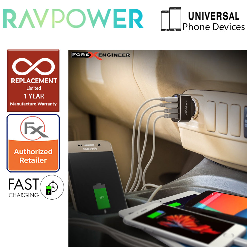 RavPower USB Car Charger 4 Port 54W (3 iSmart 2.0 USB port + 1 QC3.0 port ) - Black