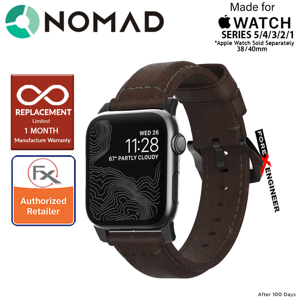 Nomad Traditional Leather Strap Apple Watch Series 7 - SE - 6 - 5 - 4 - 3 - 2 - 1 ( 41mm - 40mm - 38mm ) - Rustic Brown Leather with Black Hardware ( Barcode : 855848007359 )