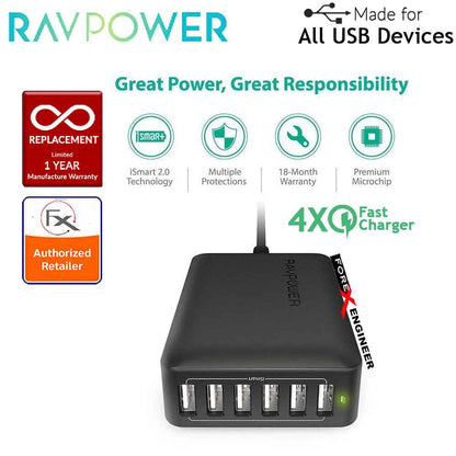 RavPower USB Quick Charge Wall Charger 6 Port 60W ( 5 USB Port + 1 QC3.0 ) - Black - Forexengineer-malaysia