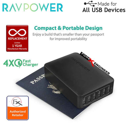 RavPower USB Quick Charge Wall Charger 6 Port 60W ( 5 USB Port + 1 QC3.0 ) - Black - Forexengineer-malaysia
