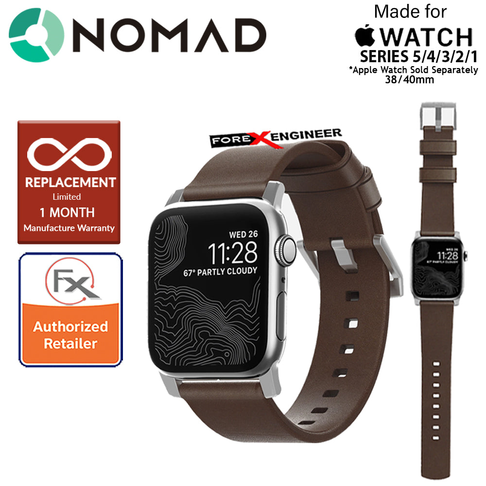 [ONLINE EXCLUSIVE] Nomad Modern Leather Strap Apple Watch Series 7 - SE - 6 - 5 - 4 - 3 - 2 - 1 ( 41mm - 40mm - 38mm ) - Rustic Brown Leather with Silver Hardware ( Barcode : 855848007489 )