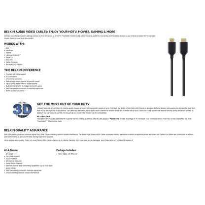 BELKIN High Speed HDMI Cable with Ethernet and 4K Supported ( 1 Meter ) - HDMI-to-HDMI - Black (Barcode: 745883713059 )