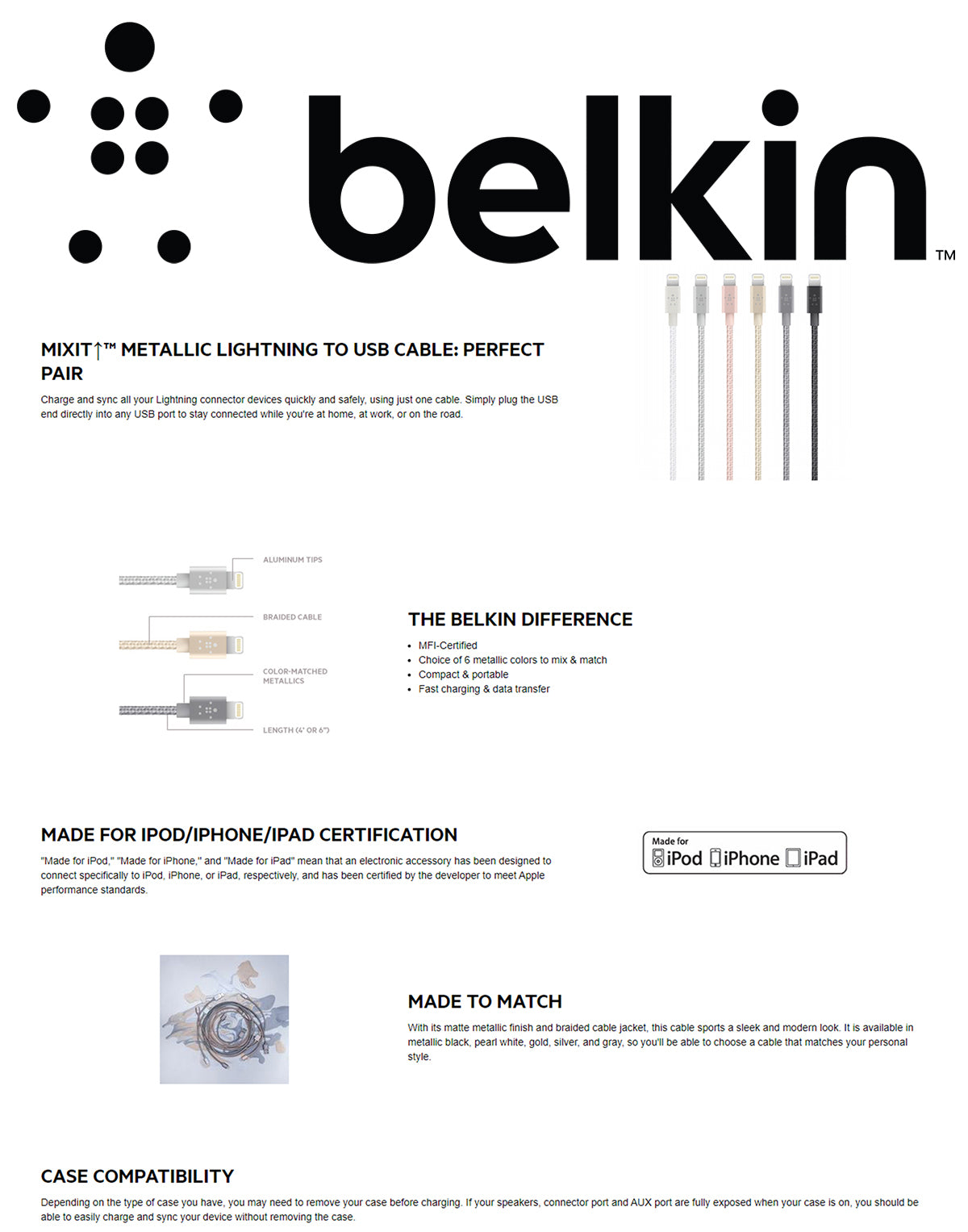 BELKIN MIXIT Metallic Sync - Charge Lightning Cable - Premium 2.4A ( 6 inch ) - Gold (Barcode: 745883661343 )