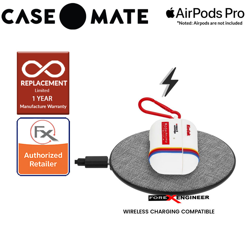 Case Mate Kodak Case for Airpods Pro - White with Kodachrome Stripes with Red Carabiner Clip ( Barcode : 846127191111 )