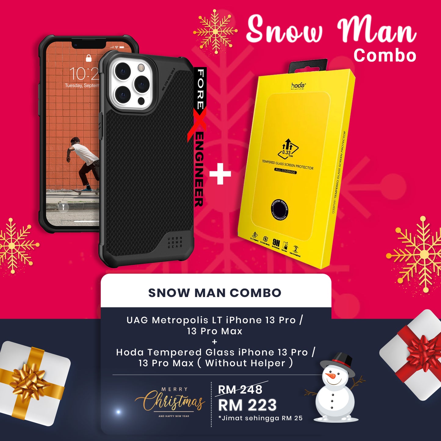 [Snow Man COMBO] UAG Metropolis LT iPhone 13 Pro - 13 Pro Max + Hoda Tempered Glass Clear iPhone 13 - 13 Pro Max (Without Helper) Barcode: 810070363444+810070364168+4711103541661+4711103541654