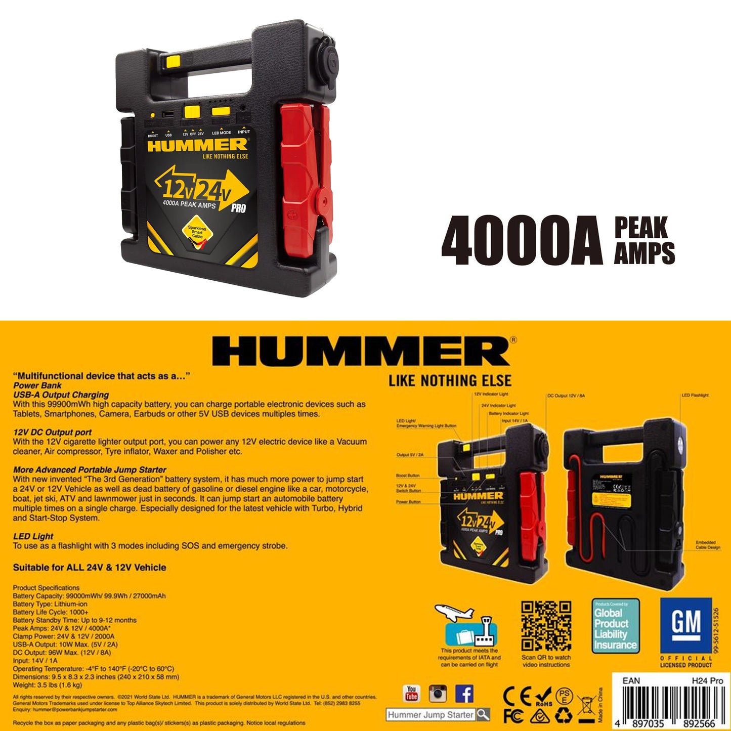 HUMMER H24 PRO Jump Starter 24V & 12V - 4000A with Powerbank 27000mAh ( Barcode: 4897035892566 )