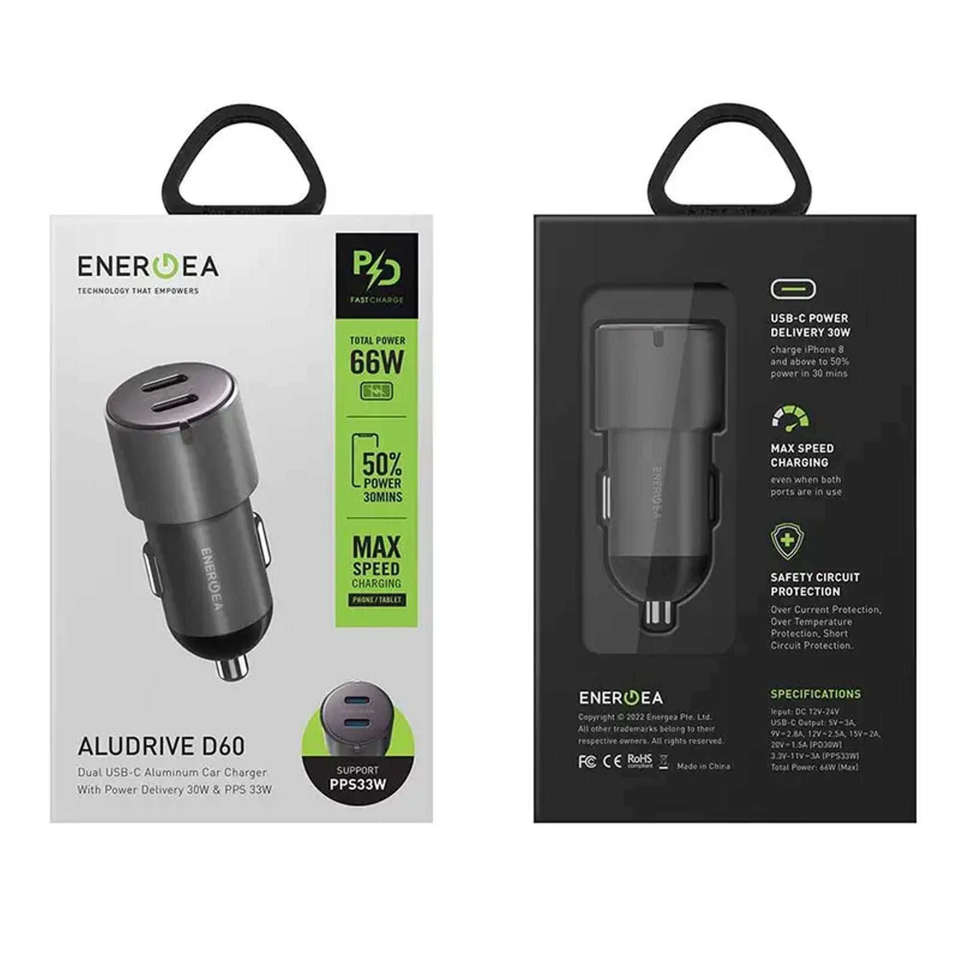 ENERGEA AluDrive D60 Car Charger 66W Max ( 30W PD ) Duo USB-C Port ( Barcode: 6957879424755 ) - Forexengineer -Malaysia- 6957879424755
